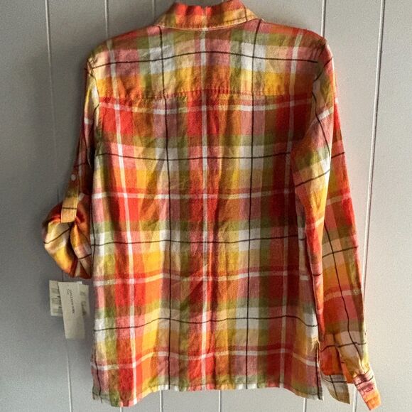 Jones New York Sport 100% Linen Fall Roll Sleeve Button Down Plaid Shirt S #C - Picture 2 of 8